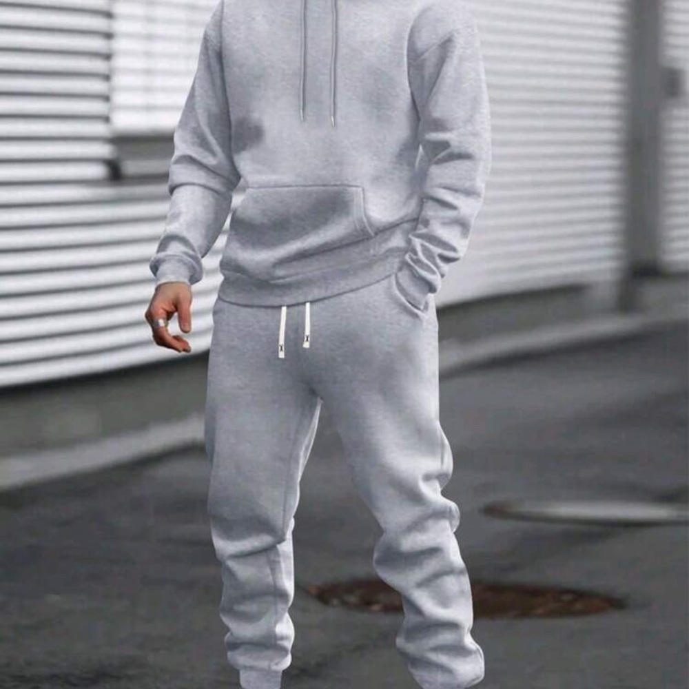 2pcs Men's Basic Casual Hooded Sweatshirt And Drawstring Waist Pants Set